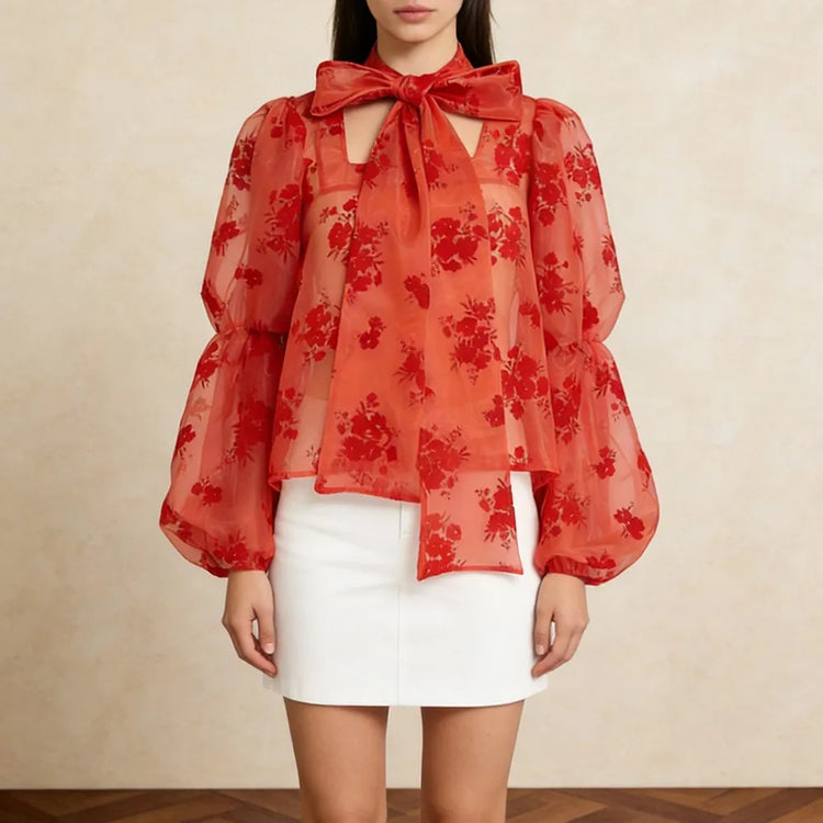 Floral Tie-Neck Sheer Blouse