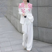 Floral Blazer and Wide-Leg Pants Set