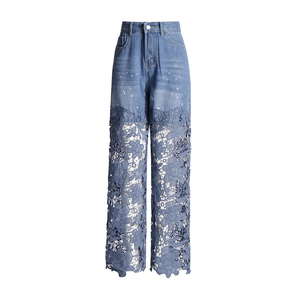 Lace-Panel Wide-Leg Jeans