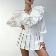 Pleated-Ruffle V-Neck Cropped Blouse