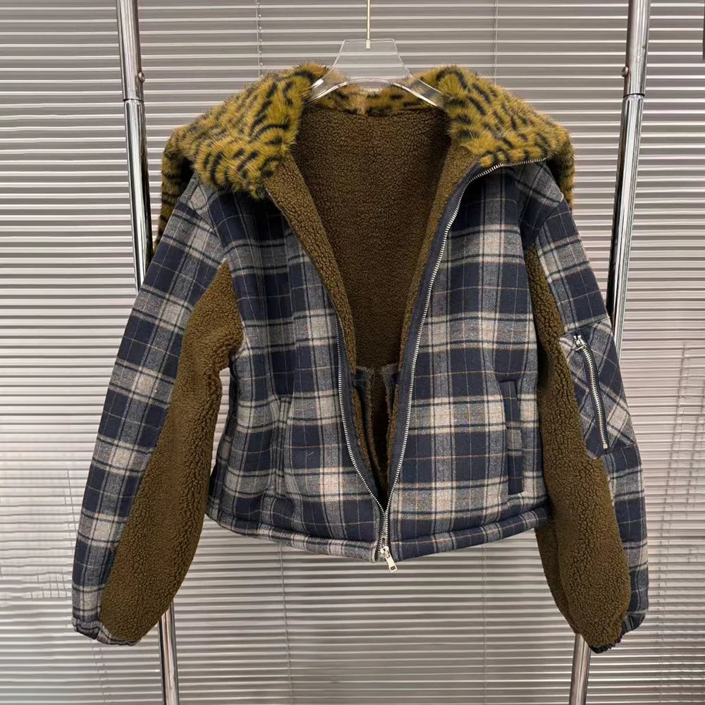Plaid Zip-Up Cropped Jacket