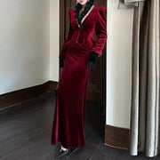 TWOTWINSTYLE Solid Spliced Diamonds Two Piece Set Female V Neck Long Sleeve Jacket Luxury Party Women's Skirt Set Autumn Fashion
