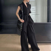 TWOTWINSTYLE Solid Spliced Folds Two Piece Set Female V Neck Sleeveless Shirt Streetwear Design Women's Trousers Set Fashion New
