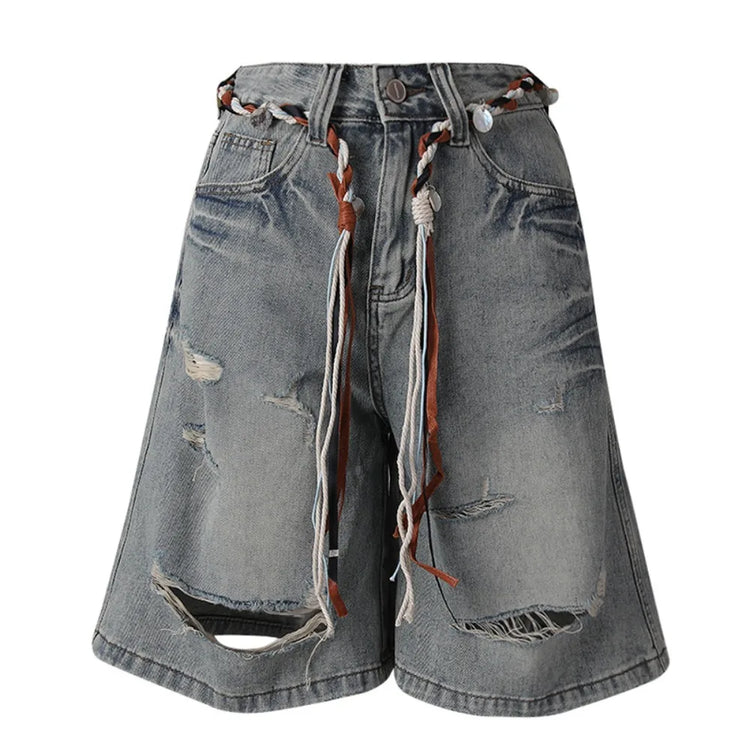 Distressed Wide-Leg Long Shorts