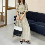 TWOTWINSTYLE Fashion Striped Two Piece Sets for Women Round Neck Long Sleeves Top High Waist Spliced Folds Skirt Set Female New