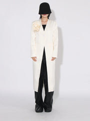 Floral Applique Collarless Long Coat
