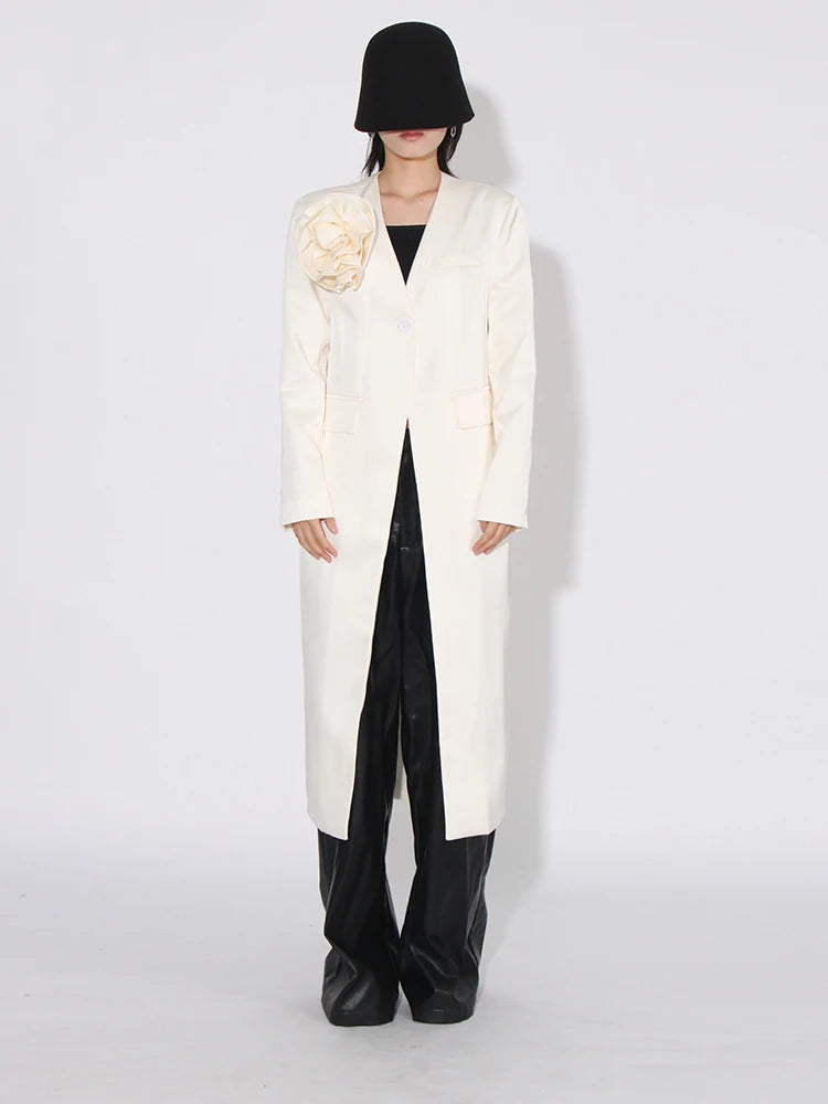 Floral Applique Collarless Long Coat
