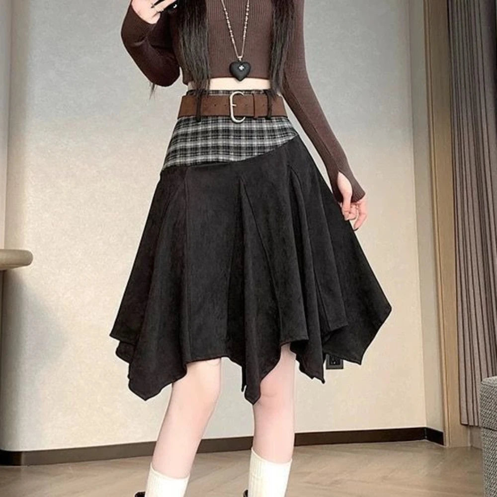 Contrast-Waist Asymmetric Pleated Skirt