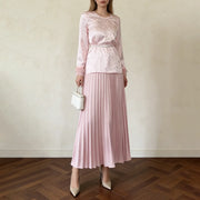 TWOTWINSTYLE Solid Elegant Two Piece Sets for Women O Neck Long Sleeves Patchwork Chain Top Patchwork Folds Skirt Set Female New