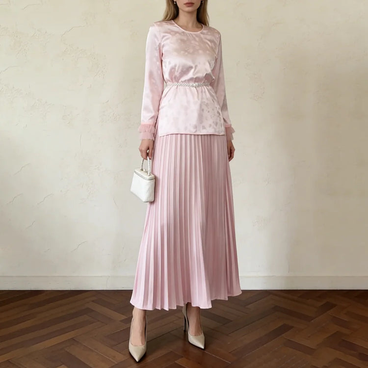 TWOTWINSTYLE Solid Elegant Two Piece Sets for Women O Neck Long Sleeves Patchwork Chain Top Patchwork Folds Skirt Set Female New