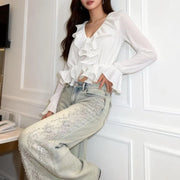 Ruffled V-Neck Cropped Blouse