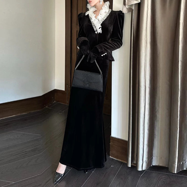 TWOTWINSTYLE Solid Spliced Diamonds Two Piece Set Female V Neck Long Sleeve Jacket Luxury Party Women's Skirt Set Autumn Fashion