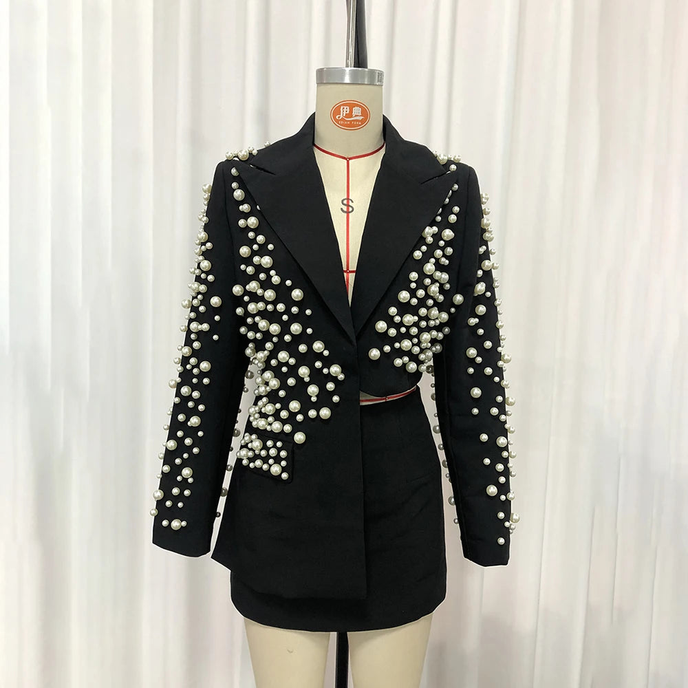 TWOTWINSTYLE White Spliced Pearls Two Piece Set Female Lapel Long Sleeve Jacket Light Luxury Women's Skirt Set Fashion Style