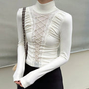 Lace-Up Sheer-Panel High-Neck Top