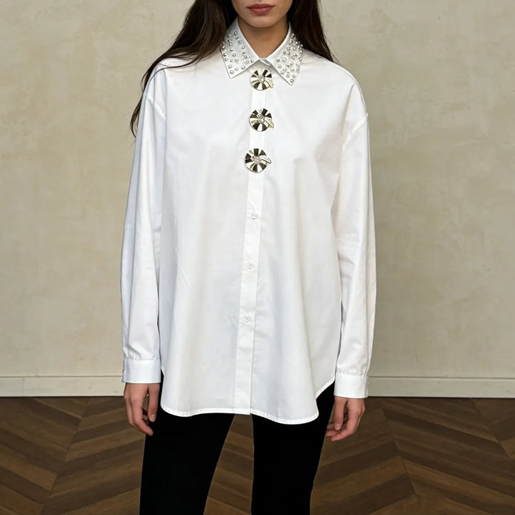 Embellished-Collar Longline Shirt