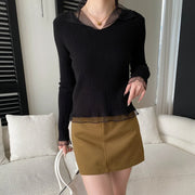 Ribbed Sheer-Collar Top