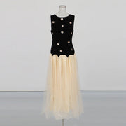 Contrast-Bodice Sleeveless Long Dress