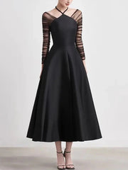 Sheer-Sleeve Halter Flared Dress