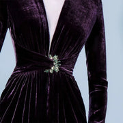 Embellished-Waist V-Neck Long Dress