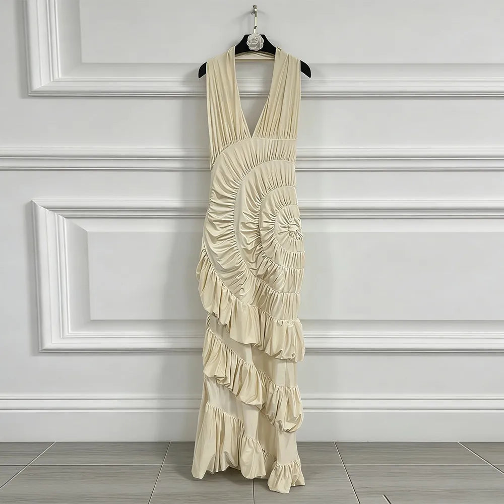 Ruched Halter Ruffle Dress