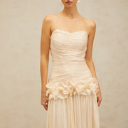 Ruched Strapless Ruffle-Waist Dress