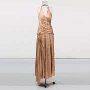 Pleated V-Neck Long Dress