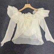 Rosette Off-Shoulder Ruffle Blouse