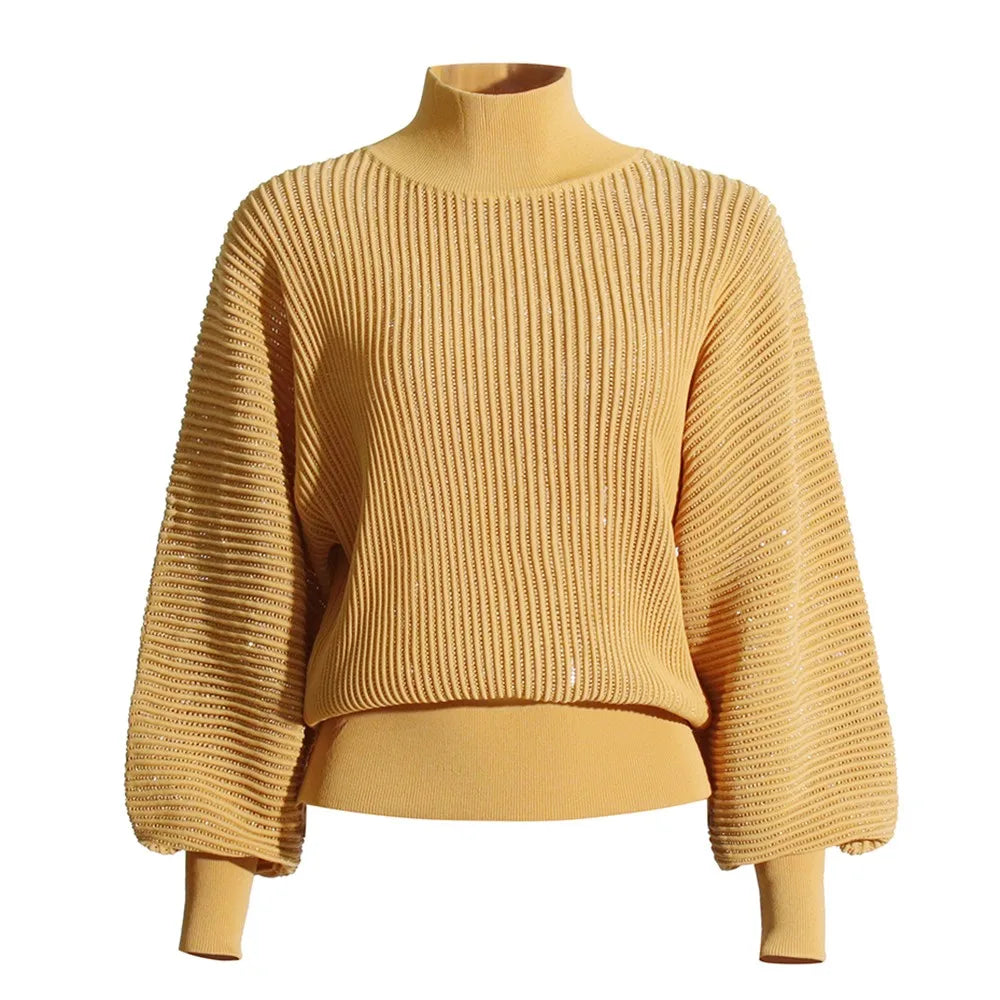 Ribbed High-Neck Balloon-Sleeve Sweater