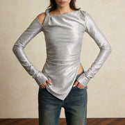 Cutout-Shoulder Asymmetric Long-Sleeve Top
