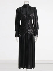 Ruched-Waist Long-Sleeve Long Dress