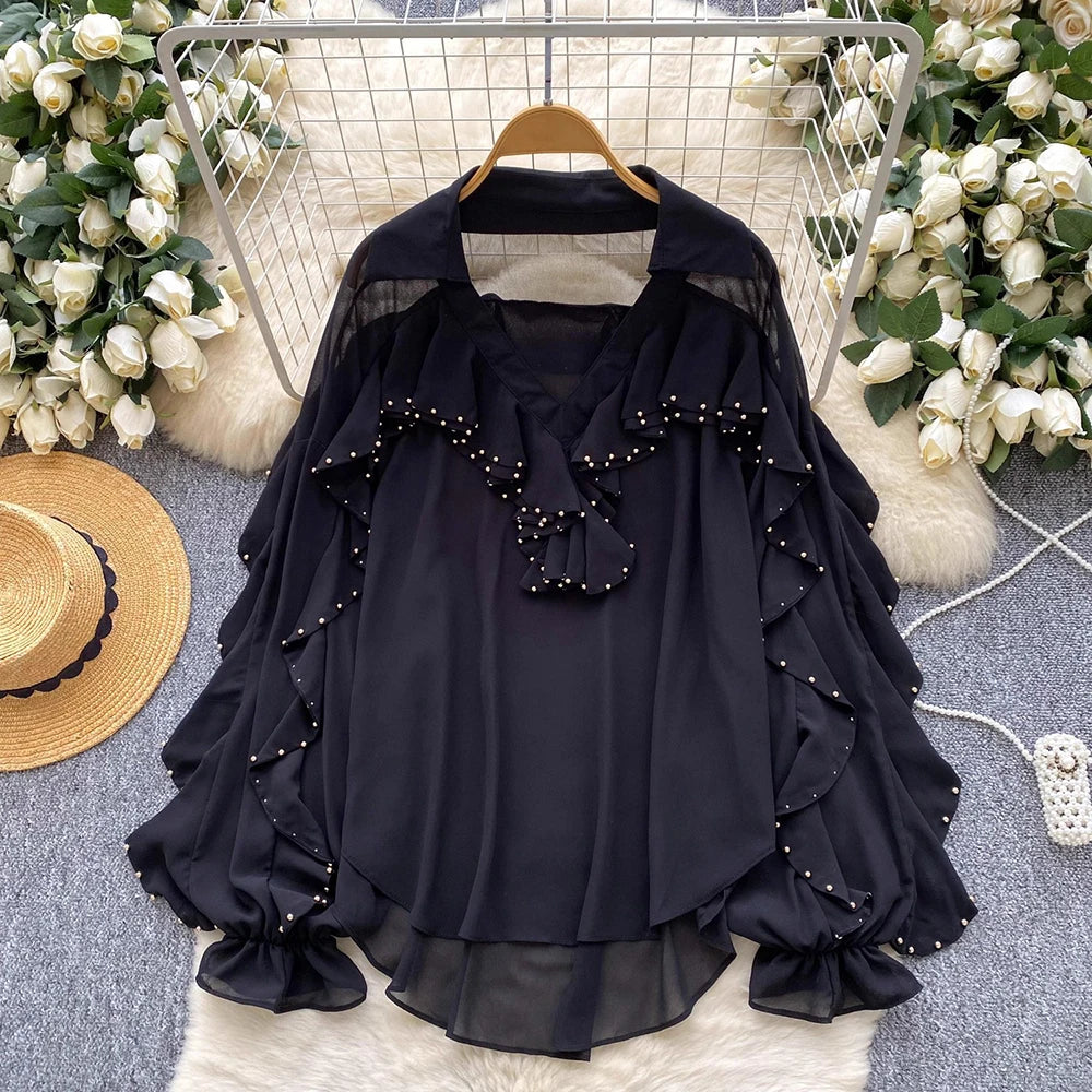 Embellished Ruffle-Trim Blouse