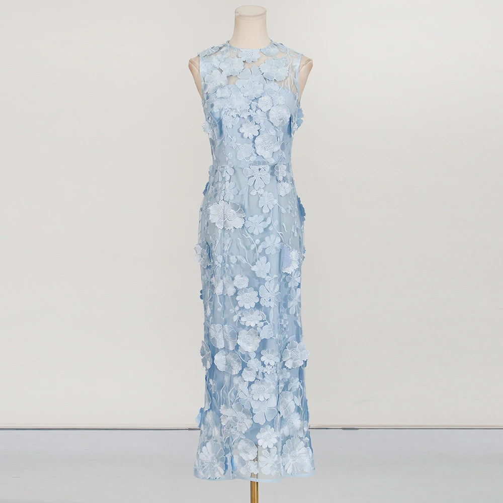 Floral Applique Sleeveless Long Dress