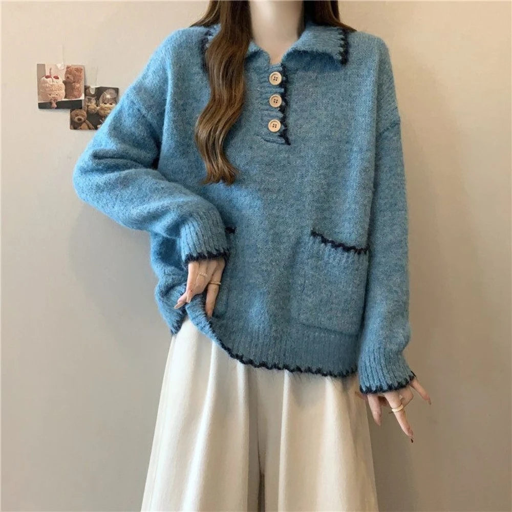 Contrast-Trim Collared Sweater