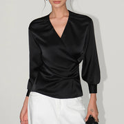 Glossy Tie-Waist Wrap Blouse