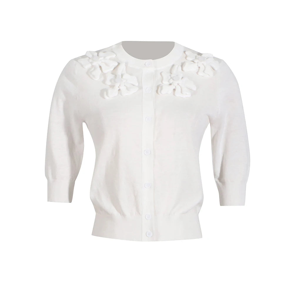 Floral Applique Half-Sleeve Cardigan