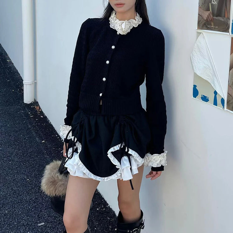Ruffle-Trim Button-Front Cardigan