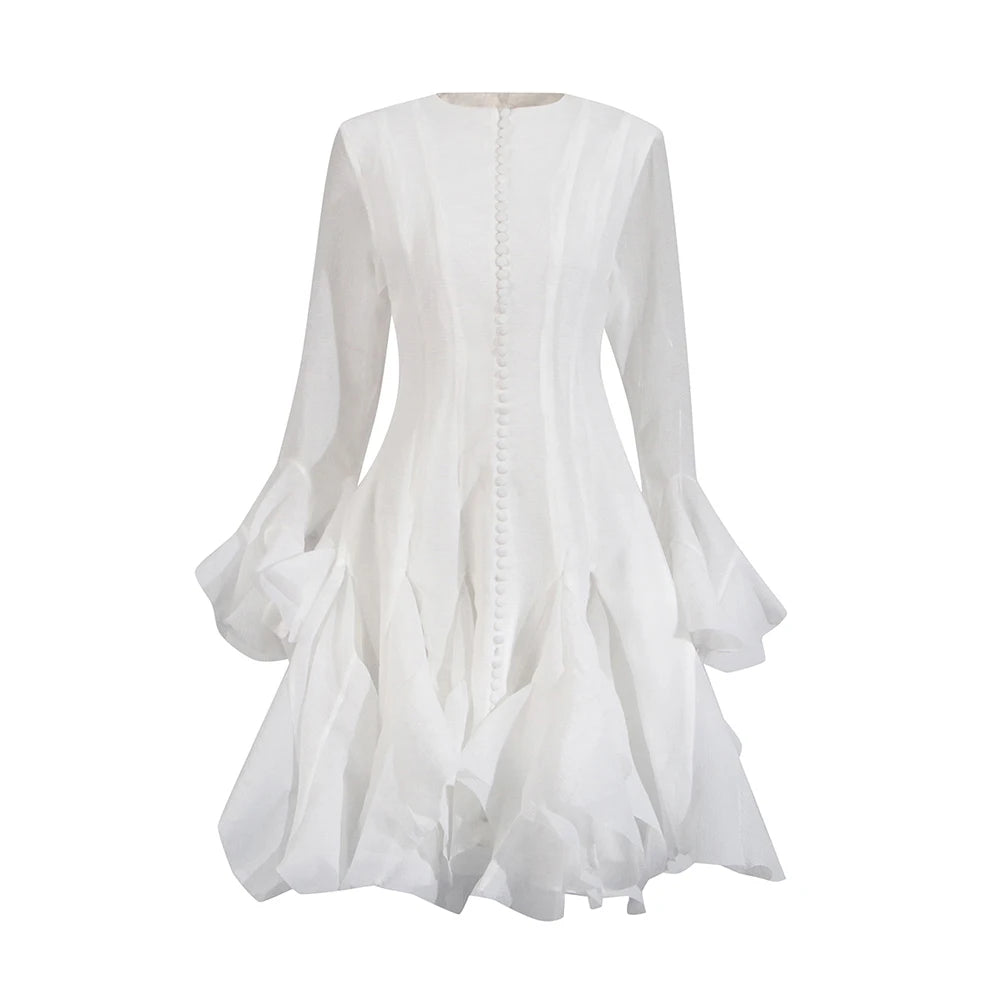 Ruffled Button-Front Long-Sleeve Dress