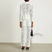 TWOTWINSTYLE Solid Spliced Lace Two Piece Set Female V Neck Long Sleeve Jacket Commute Luxury Women's Trousers Set Autumn New