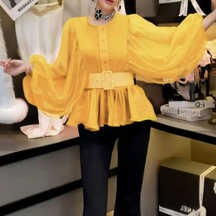 Balloon-Sleeve Peplum Blouse