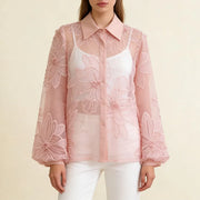 Sheer Floral Lace Collared Shirt