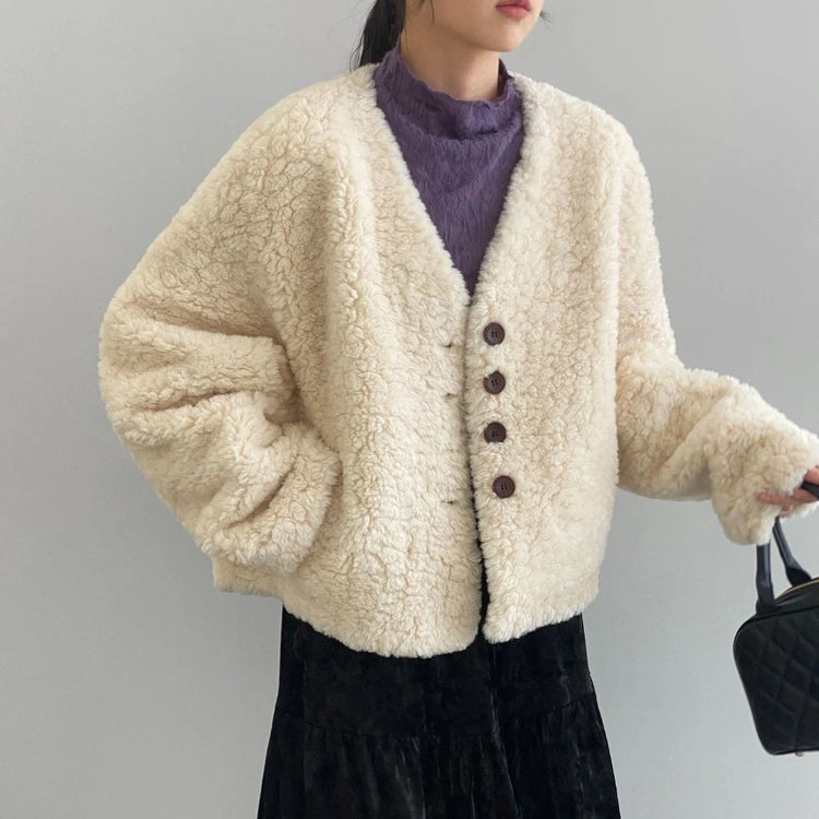 Textured V-Neck Button Jacket