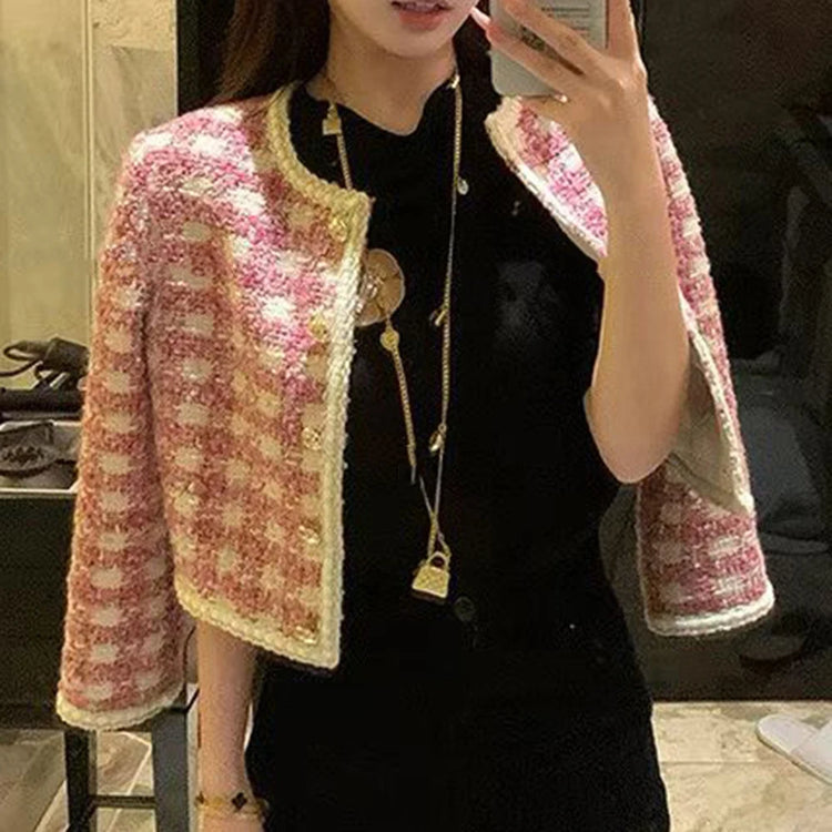 Checked Contrast-Trim Cropped Jacket