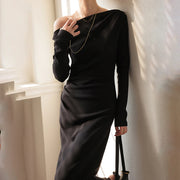 Asymmetric-Neck Long-Sleeve Midi Dress