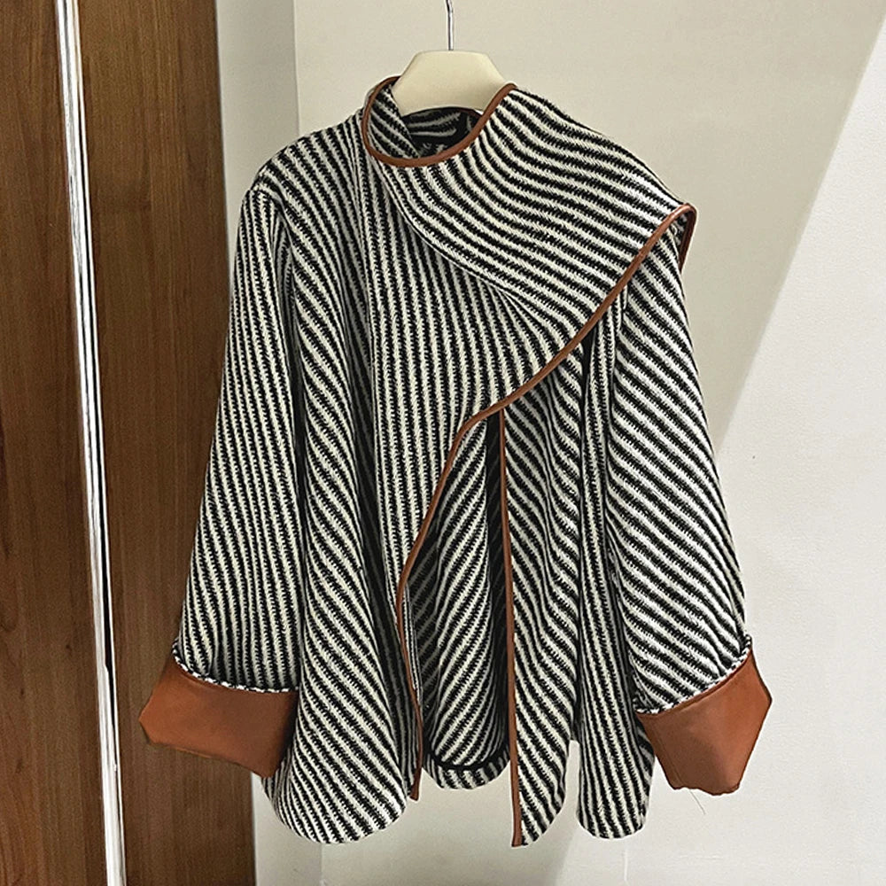 Striped Draped-Collar Coat