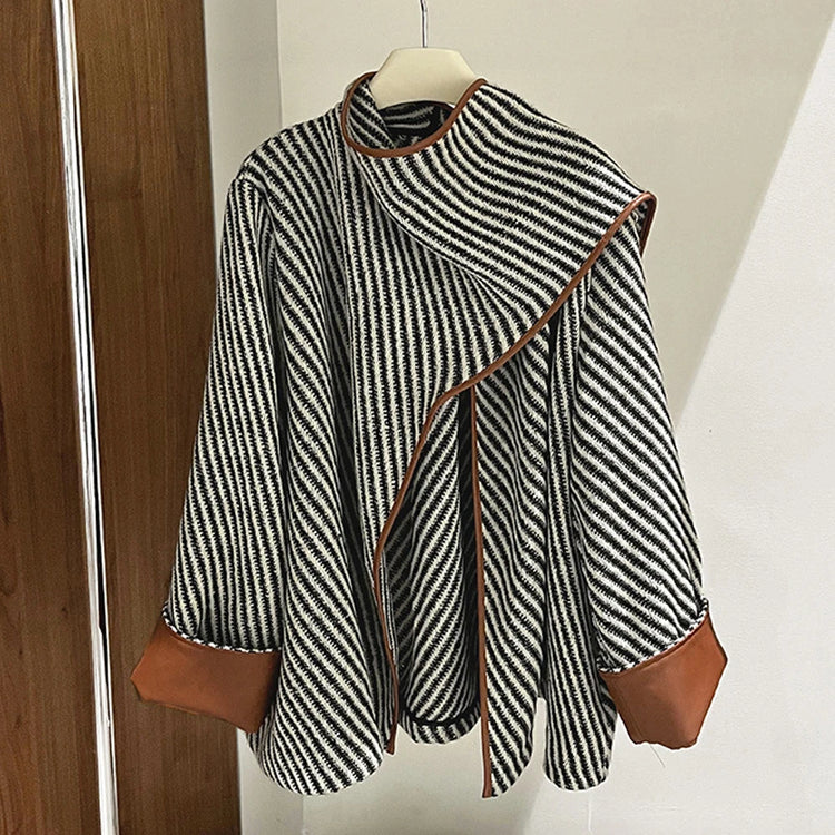Striped Draped-Collar Coat
