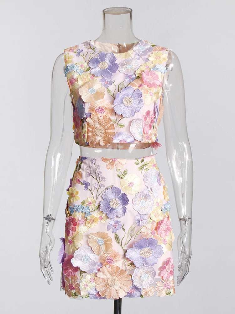 Floral Applique Top and Skirt Set