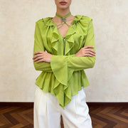Ruffled V-Neck Flared-Cuff Blouse