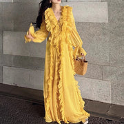 Ruffled Long-Sleeve Yellow Dress