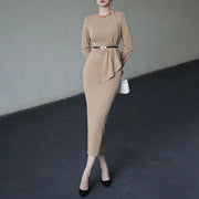 Draped Long-Sleeve Fitted Dress