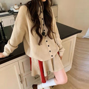 TWOTWINSTYLE Solid Spliced Buttons Two Piece Set Female O Neck Long Sleeve Sweater Korean Sweet Women's Skirt Set Autumn Fashion